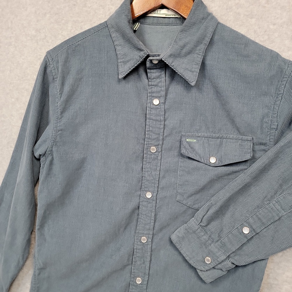 CRIQUET Fine Wale Corduroy Pearl‎ Snap Up Shirt Men's Small Cotton Slate Blue